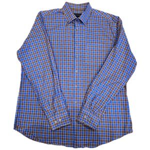 Scott Barber Men's XL Brown Blue Plaid Button Down Shirt Cotton L/S